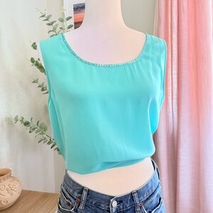 Vintage 100% Silk Blue Aqua Mermaid Sequin Sheer Flowy Layering Delicate Top